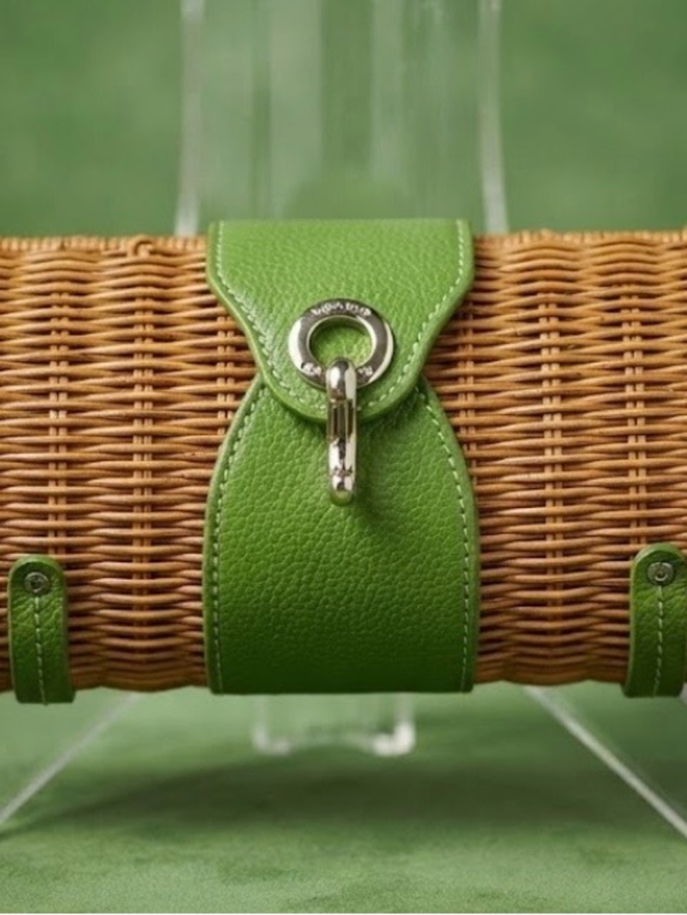 Green Woven Clutch with Leather Trim